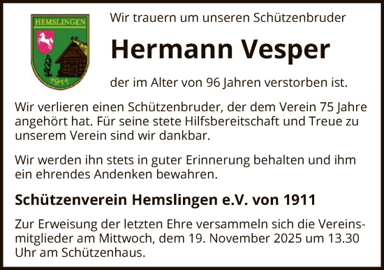 Traueranzeige von Hermann Vesper von SYKR