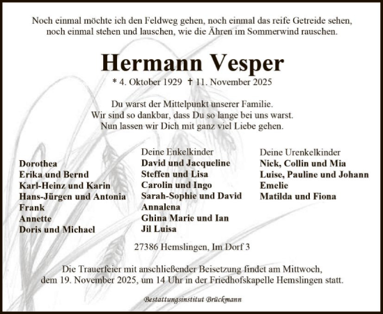Traueranzeige von Hermann Vesper von SYKR