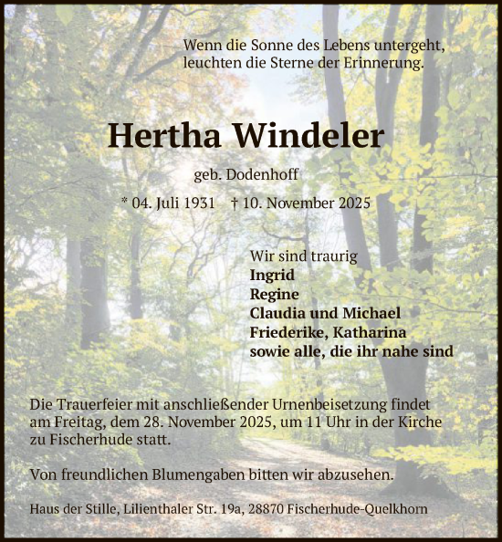 Traueranzeige von Hertha Windeler von SYKS