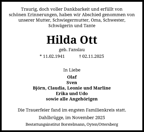 Traueranzeige von Hilda Ott von SYKS