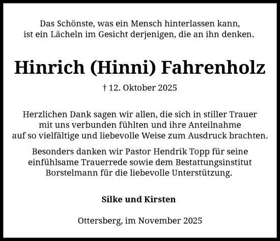 Traueranzeige von Hinrich Fahrenholz von SYKS