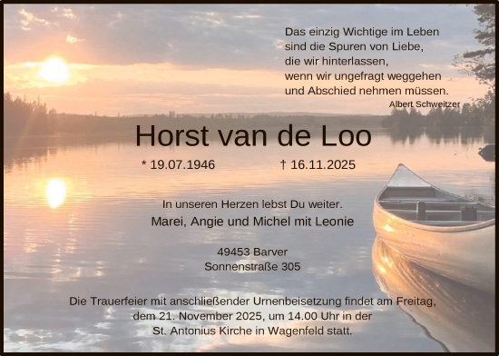 Traueranzeige von Horst van de Loo von SYKS