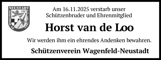 Traueranzeige von Horst van de Loo von SYKS