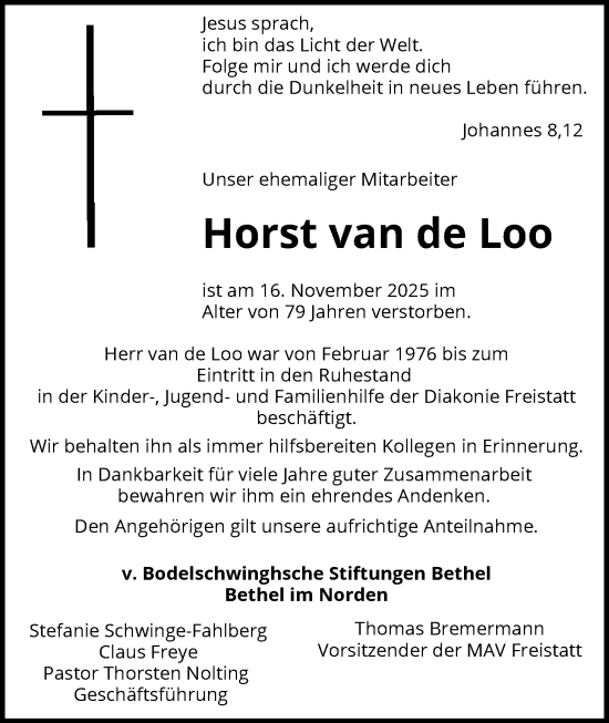 Traueranzeige von Horst van de Loo von SYKS