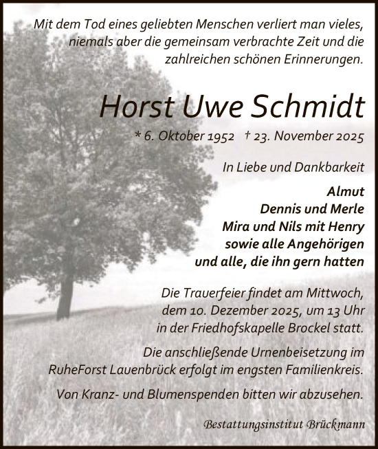 Traueranzeige von Horst Uwe Schmidt von SYKR