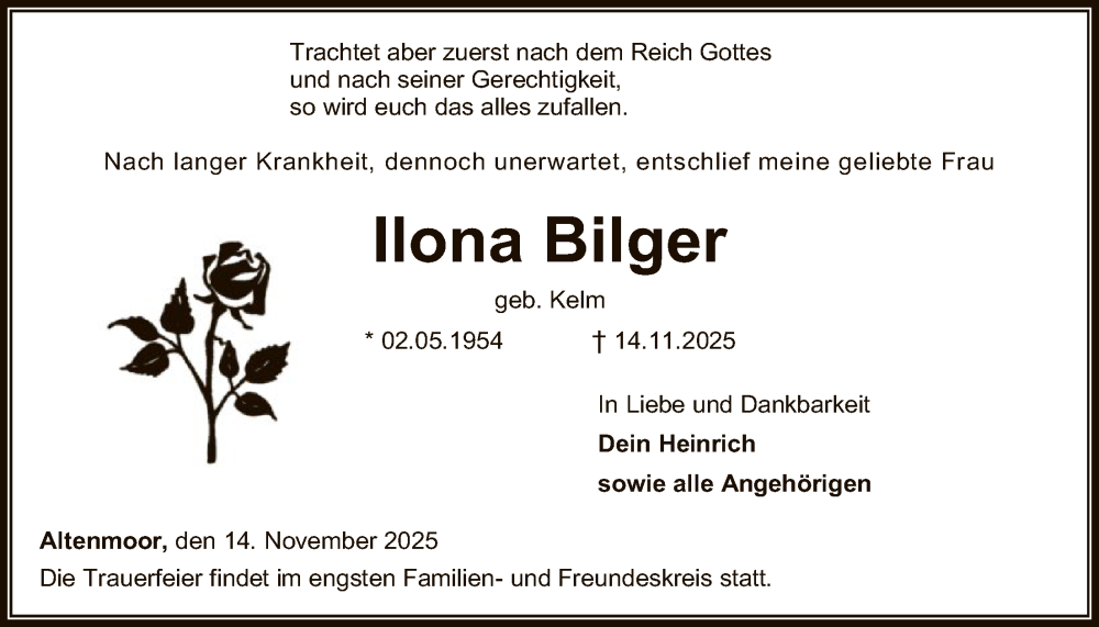  Traueranzeige für Ilona Bilger vom 18.11.2025 aus SYWZSYKS