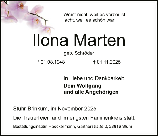 Traueranzeige von Ilona Marten von SYKS
