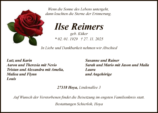 Traueranzeige von Ilse Reimers von SYKS