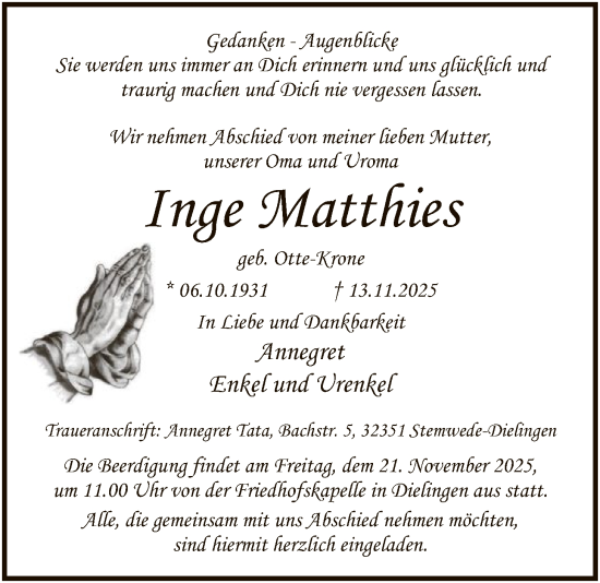 Traueranzeige von Inge Matthies von SYKS
