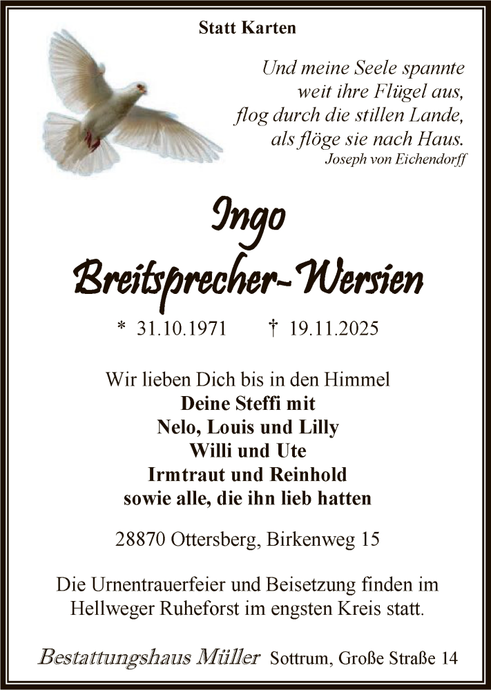  Traueranzeige für Ingo Breitsprecher-Wersien vom 29.11.2025 aus SYKR