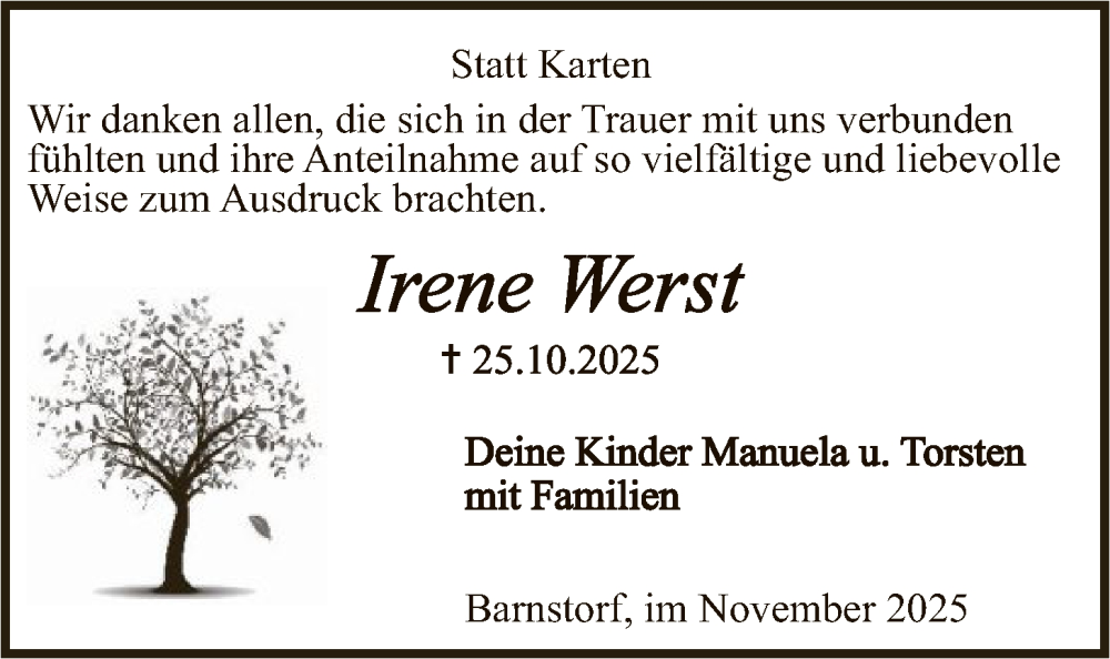  Traueranzeige für Irene Werst vom 22.11.2025 aus SYKS