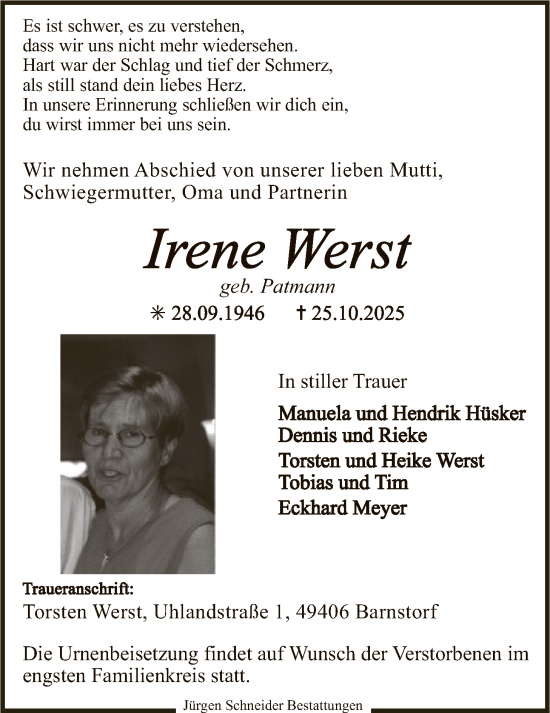 Traueranzeige von Irene Werst von SYKS