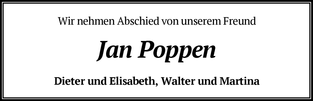  Traueranzeige für Jan Poppen vom 15.11.2025 aus SYKS
