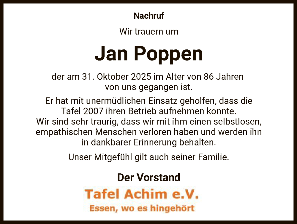  Traueranzeige für Jan Poppen vom 18.11.2025 aus SYKS