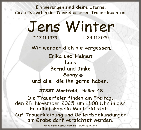 Traueranzeige von Jens Winter von SYKS