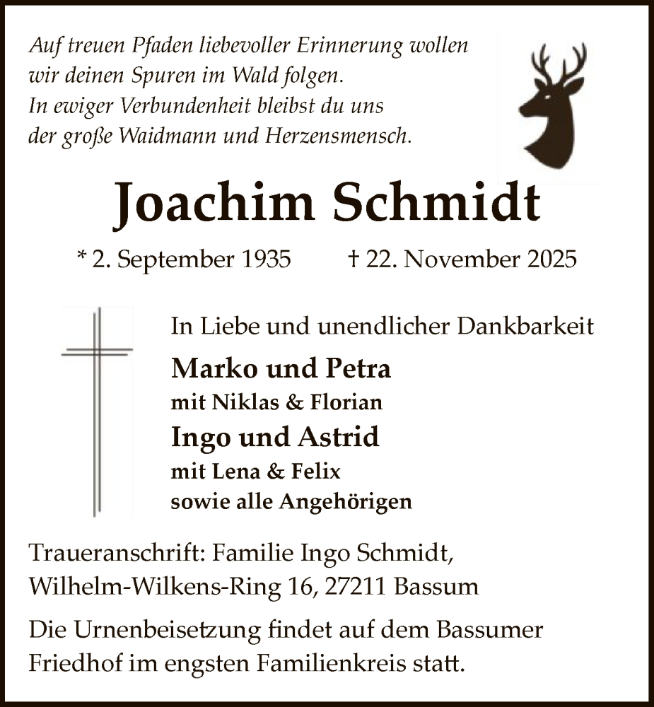  Traueranzeige für Joachim Schmidt vom 29.11.2025 aus SYKS