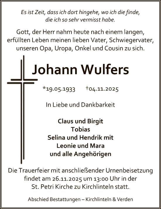 Traueranzeige von Johann Wulfers von SYKS