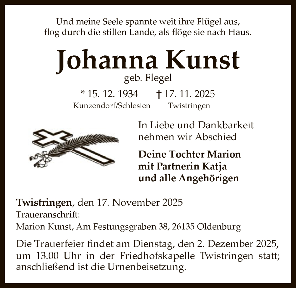  Traueranzeige für Johanna Kunst vom 25.11.2025 aus SYKS