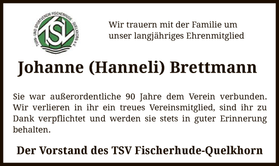 Traueranzeige von Johanne Brettmann von SYKS