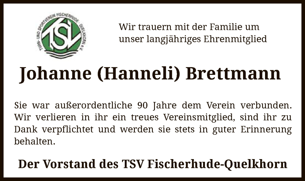  Traueranzeige für Johanne Brettmann vom 19.11.2025 aus SYKS
