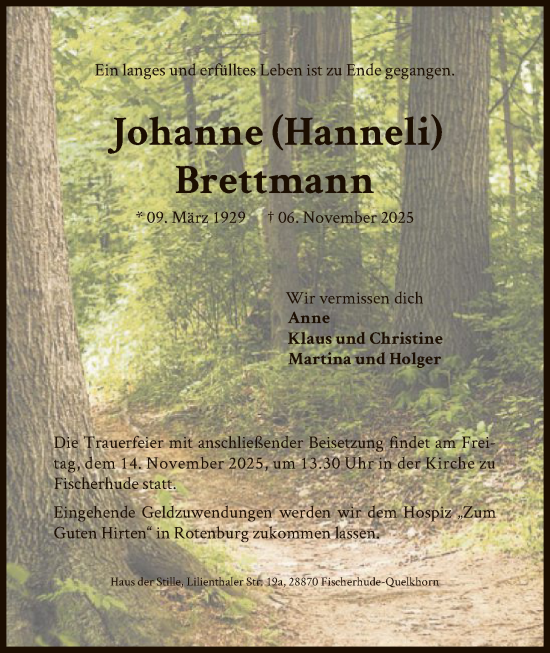 Traueranzeige von Johanne Brettmann von SYKS