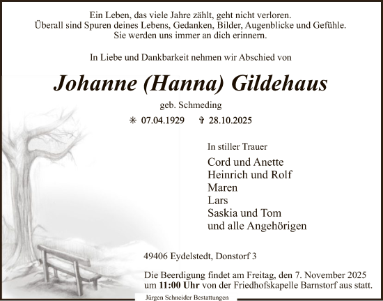 Traueranzeige von Johanne Gildehaus von SYKS