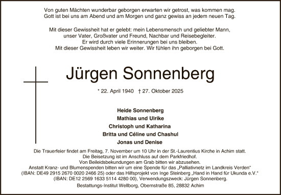Traueranzeige von Jürgen Sonnenberg von SYKS
