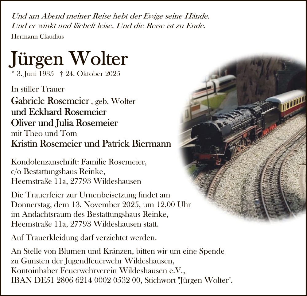  Traueranzeige für Jürgen Wolter vom 01.11.2025 aus SYWZ