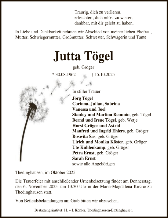 Traueranzeige von Jutta Tögel von SYKSSYKS
