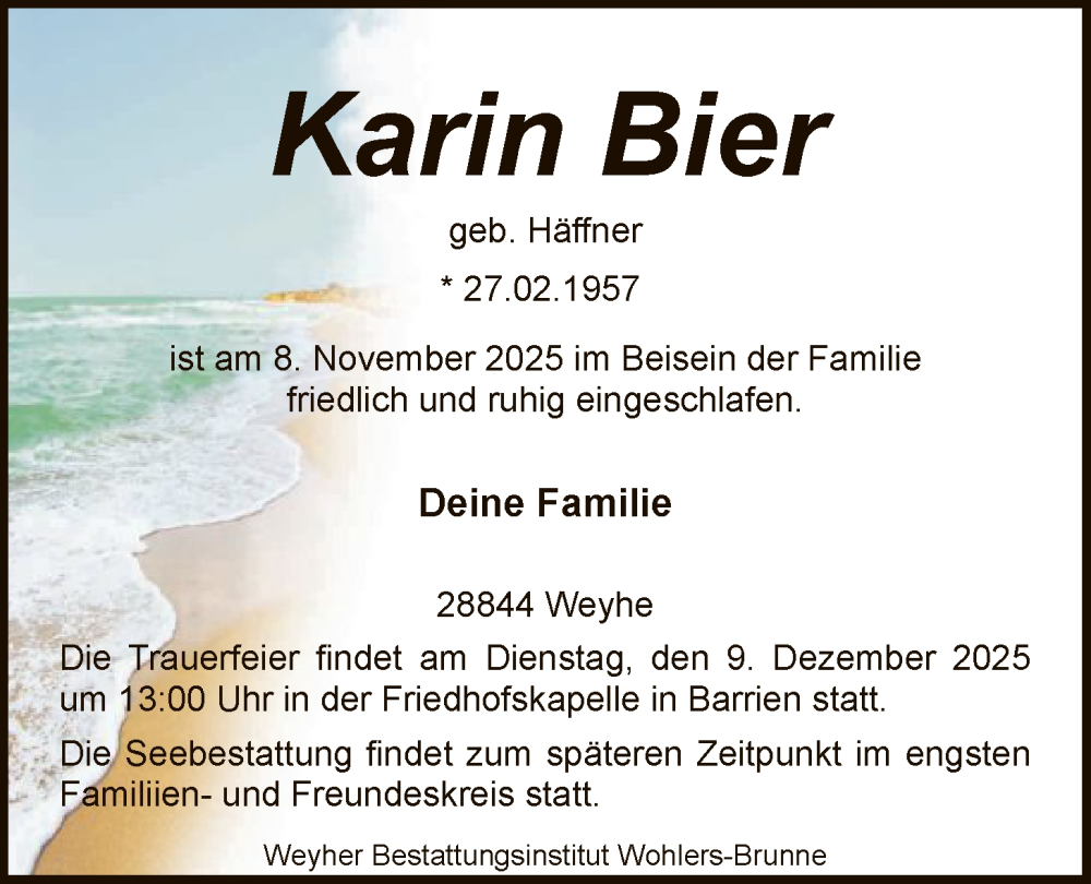  Traueranzeige für Karin Bier vom 29.11.2025 aus SYKS