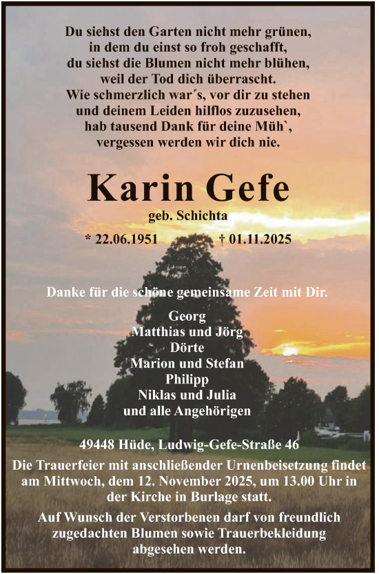 Traueranzeige von Karin Gefe von SYKS