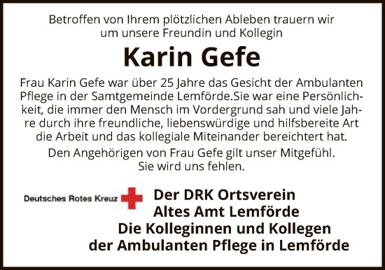 Traueranzeige von Karin Gefe von SYKS