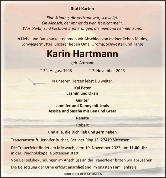 Traueranzeige von Karin Hartmann von SYKR