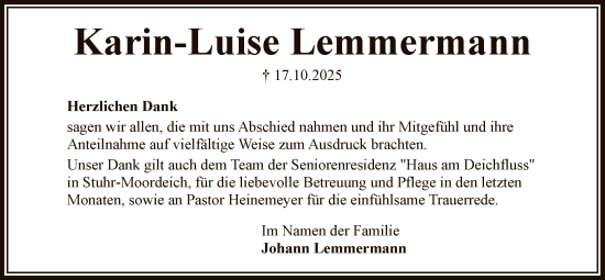 Traueranzeige von Karin-Luise Lemmermann von SYKS