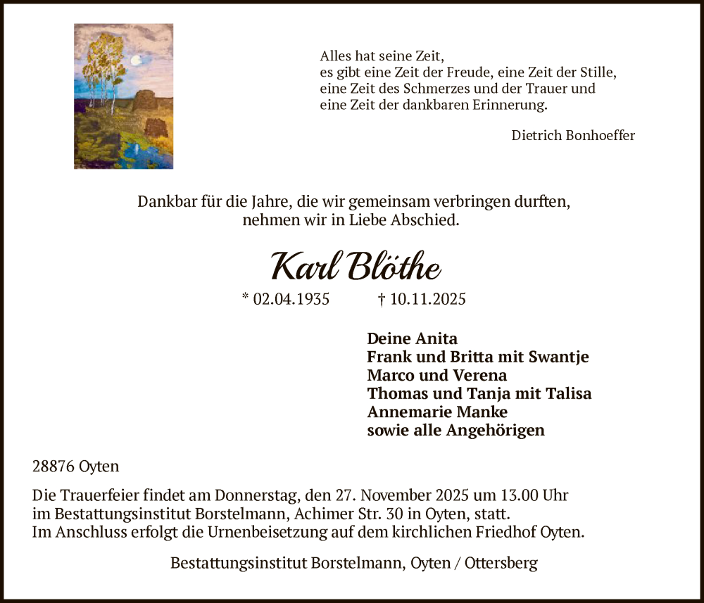 Traueranzeige für Karl Blöthe vom 22.11.2025 aus SYKS