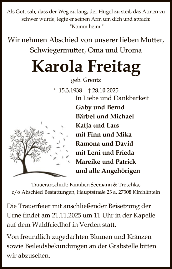 Traueranzeige von Karola Freitag von SYKS