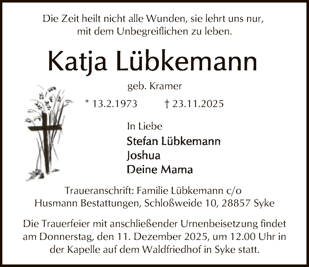  Traueranzeige für Katja  Lübkemann vom 29.11.2025 aus SYKS