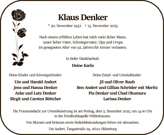 Traueranzeige von Klaus Denker von SYWZ