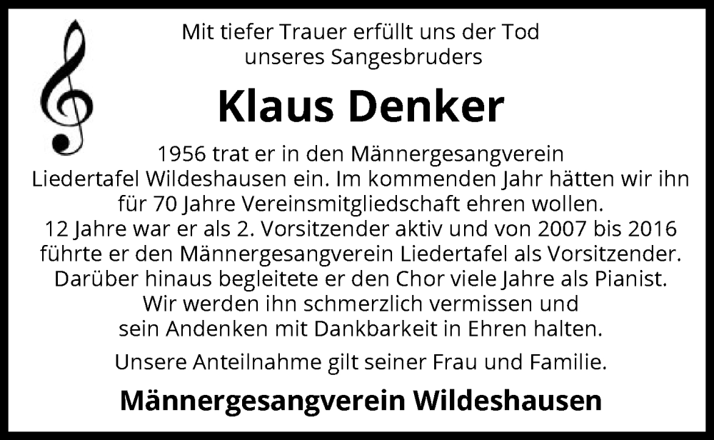  Traueranzeige für Klaus Denker vom 25.11.2025 aus SYWZ