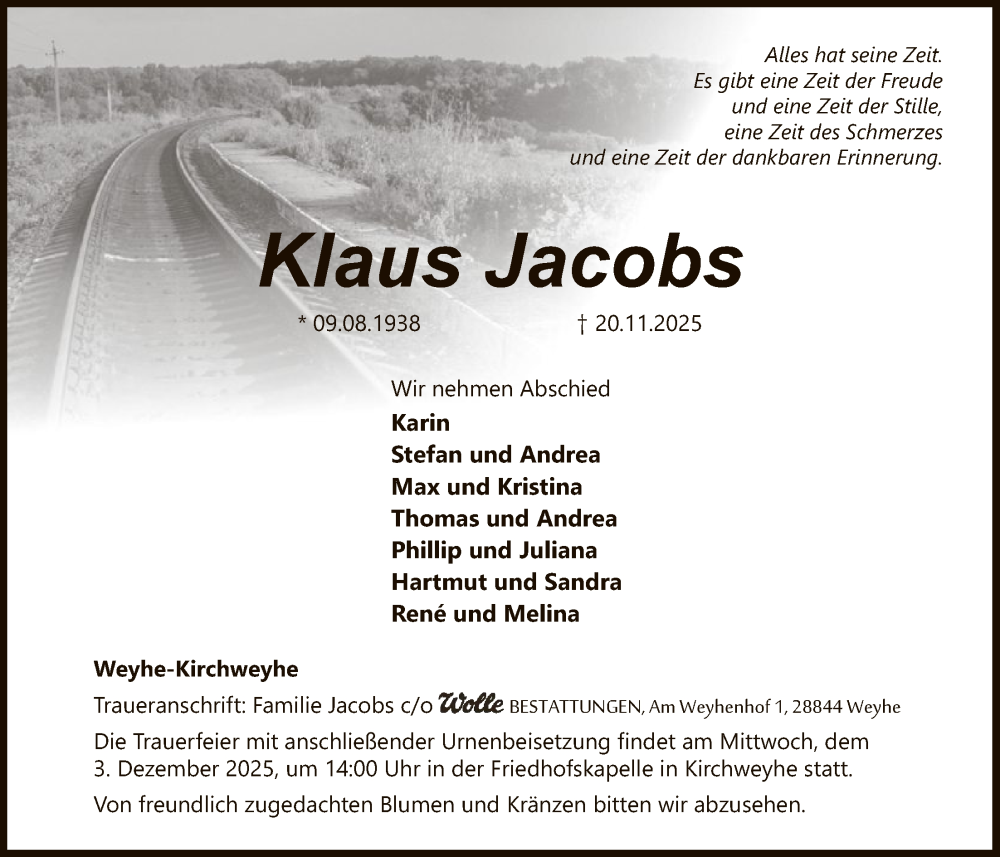  Traueranzeige für Klaus Jacobs vom 29.11.2025 aus SYKS