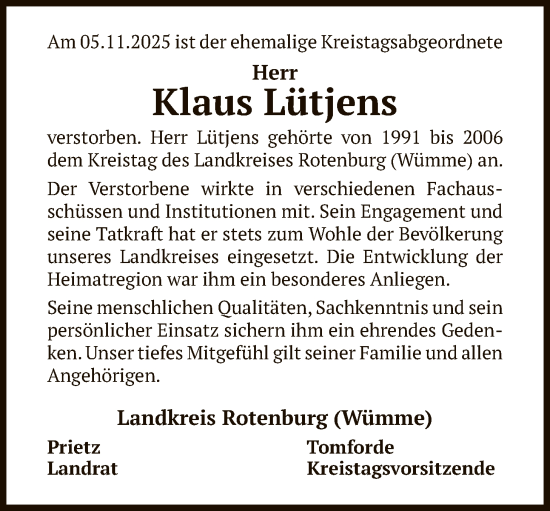 Traueranzeige von Klaus Lütjens von SYKR