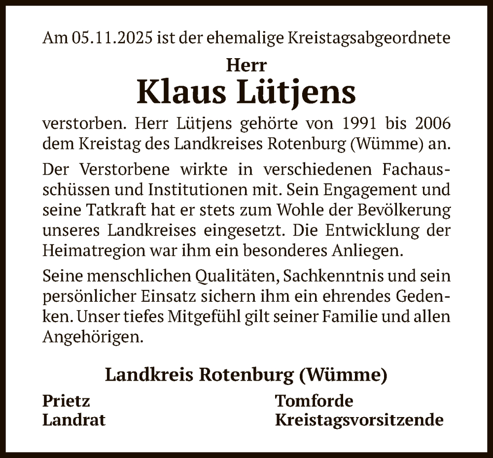  Traueranzeige für Klaus Lütjens vom 13.11.2025 aus SYKR