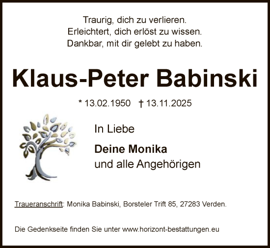 Traueranzeige von Klaus-Peter Babinski von SYKS