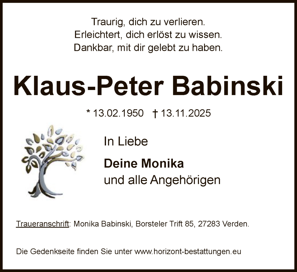  Traueranzeige für Klaus-Peter Babinski vom 29.11.2025 aus SYKS