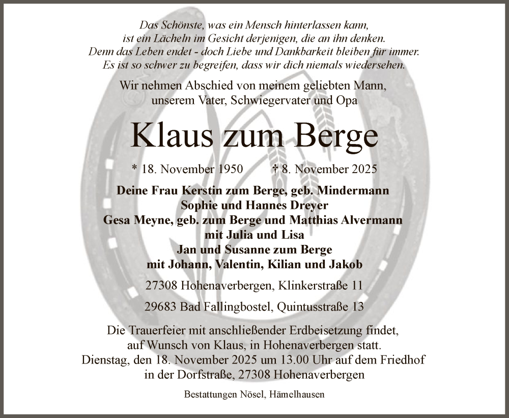  Traueranzeige für Klaus zum Berge vom 15.11.2025 aus SYKS