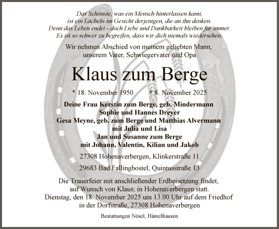 Traueranzeige von Klaus zum Berge von SYKS