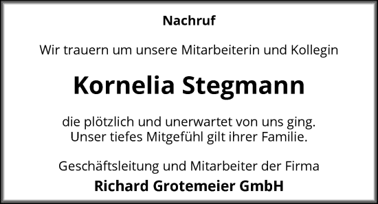 Traueranzeige von Kornelia Stegmann von SYKS