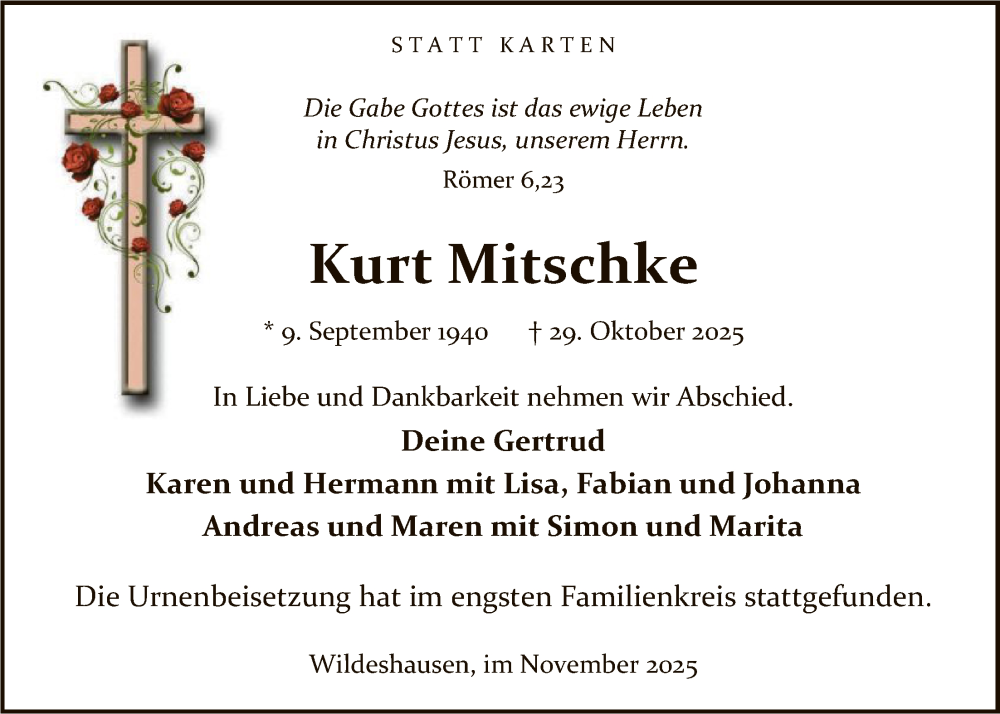  Traueranzeige für Kurt Mitschke vom 29.11.2025 aus SYWZ