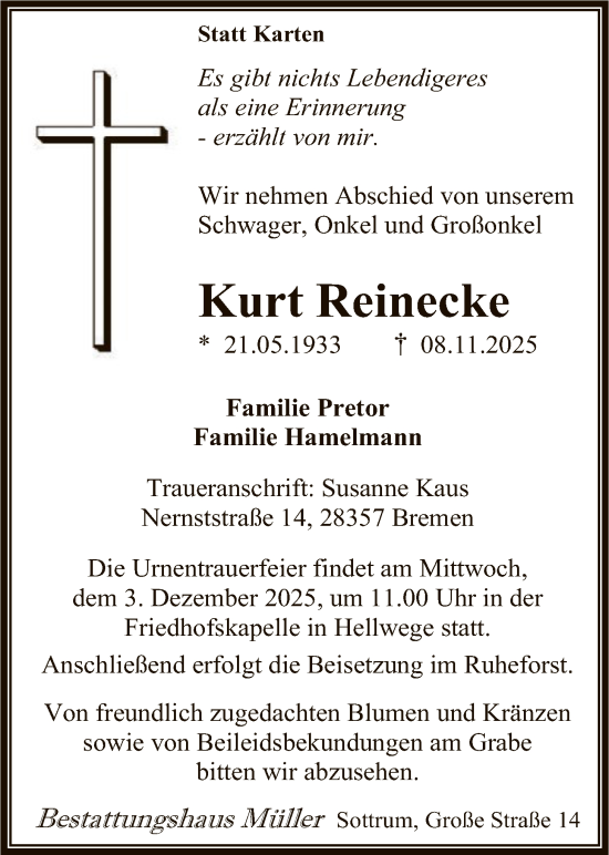 Traueranzeige von Kurt Reinecke von SYKR