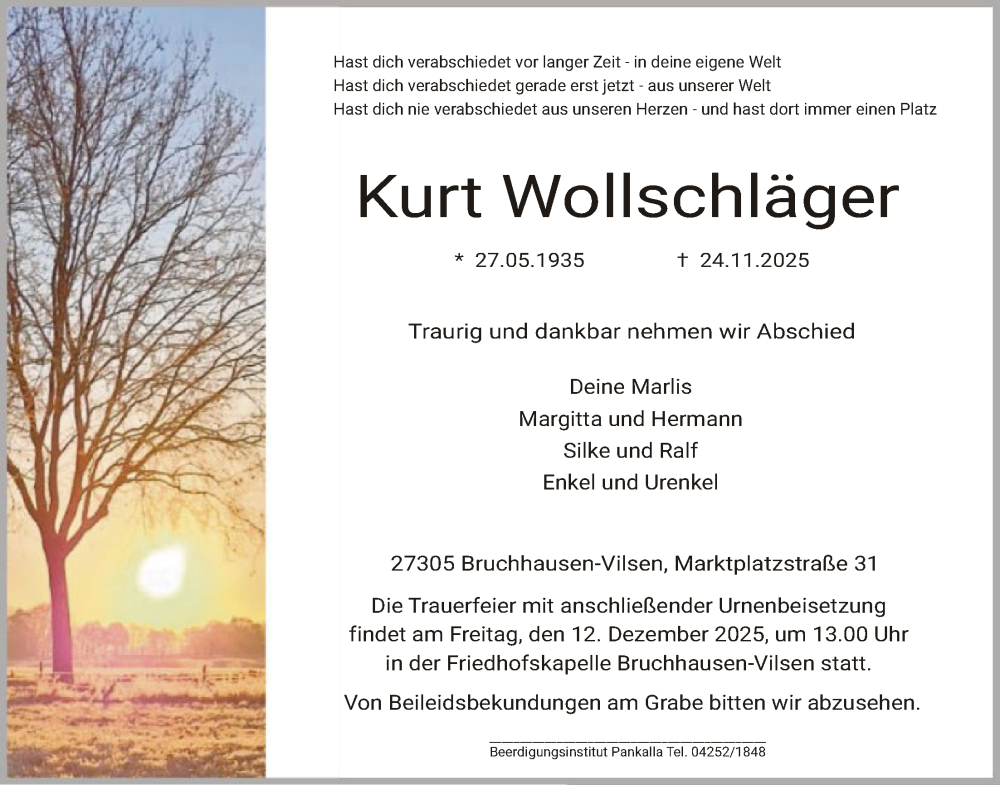  Traueranzeige für Kurt Wollschläger vom 29.11.2025 aus SYKS